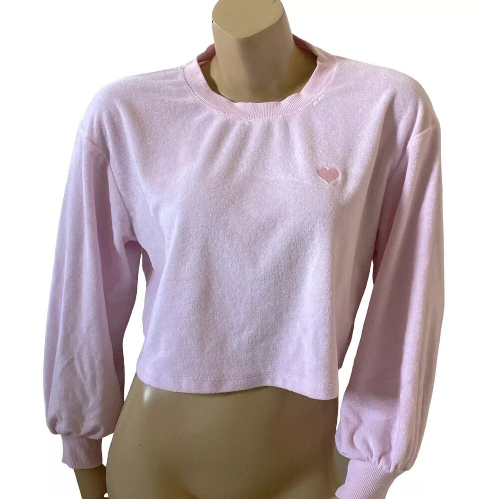 Stoney Clover Womens Small Pink Velour Crop Sweatshirt Crew Neck Long Sleeve Top